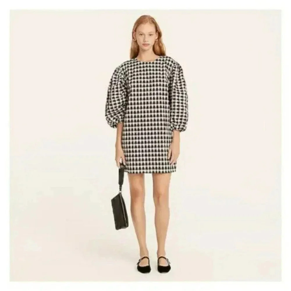 J. Crew Size XS Black and White Puff-Sleeve Mini Dress in Textured Plaid NEW!